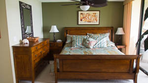 The ocean view master bedroom is furnished with a king bed and has its own bathroom.